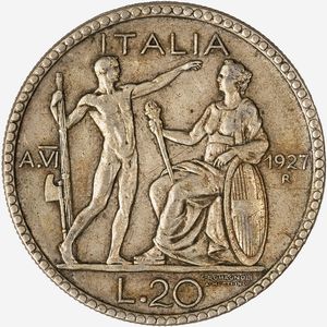 Regno d'Italia, VITTORIO EMANUELE III, 1900-1946 : 20 Lire Littore Anno VI  - Asta Numismatica - Associazione Nazionale - Case d'Asta italiane