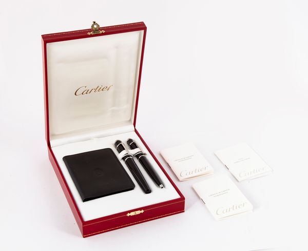 Cartier Diabolo - Roller e Penna a sfera in acciaio e composite nero con Portabiglietti in pelle.  - Asta Penne e Accessori da Scrivania - Associazione Nazionale - Case d'Asta italiane