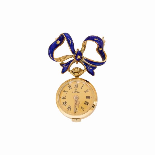 Spilla orologio in oro giallo 18kt e smalto blu  - Asta Gioielli Orologi Fashion Vintage I Web Only - Associazione Nazionale - Case d'Asta italiane