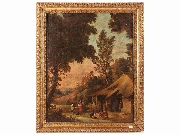 Scuola veneta del XVII secolo : Paesaggio campestre con scena mitologica  - Asta L'arte di arredare - Associazione Nazionale - Case d'Asta italiane