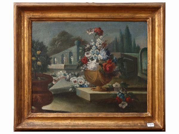 Maniera della pittura del XVIII secolo : Capriccio architettonico con fiori  - Asta L'arte di arredare - Associazione Nazionale - Case d'Asta italiane