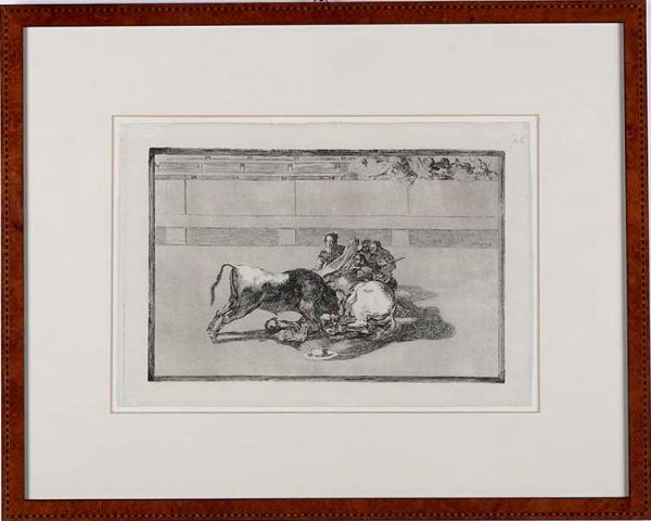 Francisco José de Goya y Lucientes : Acquaforte, acquatinta brunita e puntasecca originale; Harris 229 I/VII; mm 245 x 355 Caida de un picador de su caballo debajo el toro, 1816.  - Asta Libri antichi e rari, Stampe, Vedute e Mappe - Associazione Nazionale - Case d'Asta italiane