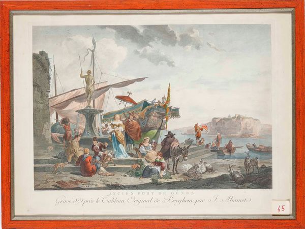 Nicolaes Berchem, copia da : Ancien port de Gnes grave d'opres le tableau original berghem par J. Aliamet...  Parigi,1766 ca  - Asta Libri antichi e rari, Stampe, Vedute e Mappe - Associazione Nazionale - Case d'Asta italiane