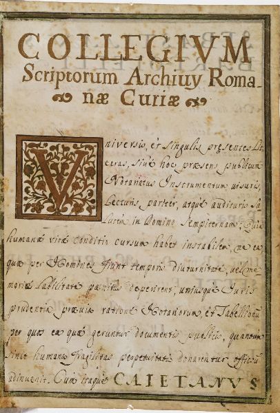 Legatura alle armi- Manoscritto su pergamena Collegium Scriptorium Archivi Romanae Curiae...Roma 1722  - Asta Libri antichi e rari, Stampe, Vedute e Mappe - Associazione Nazionale - Case d'Asta italiane