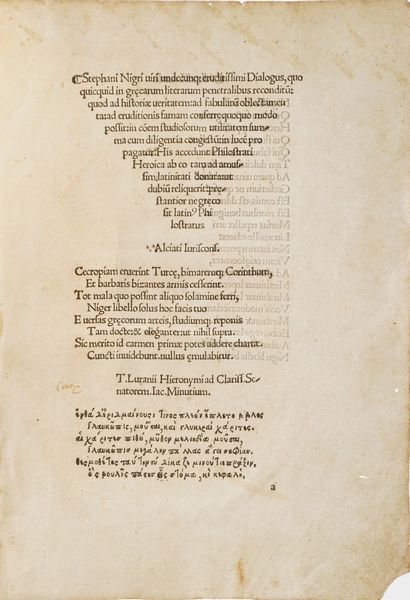 Stefano Negri Stephani Nigri ... Dialogus, quo quicquid in graecarum literarum penetralibus reconditum: quod ad historiae ueritatem: ... conferre quoquo modo possit: ... summa cum diligentia congestum: in lucem propagatur. His accedunt Philostrati Heroica ab eo tam ad amussim latinitati donata, <BR>(Mediolani : in officina Minutiana, 1517 pridie Kalen. Aprilis [31 III])<BR>  - Asta Libri antichi e rari, Stampe, Vedute e Mappe - Associazione Nazionale - Case d'Asta italiane