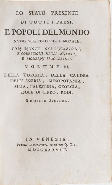 Salmon, Thomas Lo stato presente di tutti i paesi e i popoli del mondo... Venezia Albrizzi, 1738-1759  - Asta Libri antichi e rari, Stampe, Vedute e Mappe - Associazione Nazionale - Case d'Asta italiane