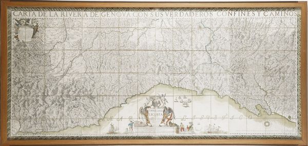 Chafrion, Joseph (1653-1698) Carta del la Riviera de Genova con sus verdaderos confines y caminos. / Topographia de la Liguria. Dedicada A L'Excellmo Senor Conde de Melgar del Estado de Milan por D. Joseph Chafrion...Milano, Marcantonio dal Re, 1685  - Asta Libri antichi e rari, Stampe, Vedute e Mappe - Associazione Nazionale - Case d'Asta italiane