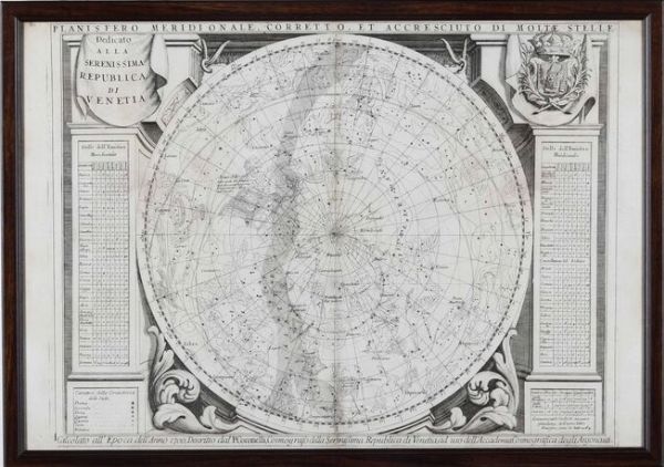 Coronelli Vincenzo Maria Planisfero meridionale corretto et accresciuto di molte stelle descritto dal padre Coronelli, cosmografo della serenissima Repubblica di Venezia, ad uso dellAccademia Cosmografica degli Argonauti, Venezia, fine secolo XVII inizi secolo XVIII.  - Asta Libri antichi e rari, Stampe, Vedute e Mappe - Associazione Nazionale - Case d'Asta italiane