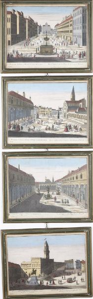 Firenze-vedute ottiche. Quattro vedute ottiche in bella coloritura. Francia, secolo XVIII.  - Asta Libri antichi e rari, Stampe, Vedute e Mappe - Associazione Nazionale - Case d'Asta italiane