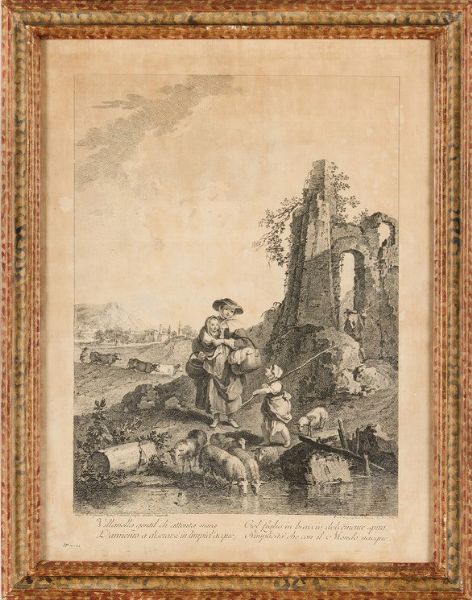 Zuccarelli Antonio-Joseph Wagner. Serie di quattro incisioni di soggetto campestre con riferimento al proverbio inciso al piede di ciascuna delle quattro immagini, Venezia secolo XVIII.  - Asta Libri antichi e rari, Stampe, Vedute e Mappe - Associazione Nazionale - Case d'Asta italiane