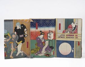 Kunisada Utagawa (Toyokuni III) (1786-1865) - Yoshiiku Utagawa (1833-1904) Raccolta di stampe xilografiche a colori raffiguranti personaggi del teatro Kabuki. Giappone, 1860 ca.  - Asta Libri antichi e rari, Stampe, Vedute e Mappe - Associazione Nazionale - Case d'Asta italiane