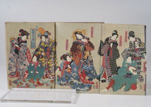 Kunisada Utagawa (Toyokuni III) (1786-1865) - Yoshiiku Utagawa (1833-1904) Raccolta di stampe xilografiche a colori raffiguranti personaggi del teatro Kabuki. Giappone, 1860 ca.  - Asta Libri antichi e rari, Stampe, Vedute e Mappe - Associazione Nazionale - Case d'Asta italiane