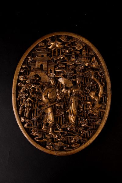 Pannello in legno intarsiato e dorato paesaggio con fanciulle, Cina, Dinastia Qing, XIX secolo  - Asta Arte orientale  - Associazione Nazionale - Case d'Asta italiane