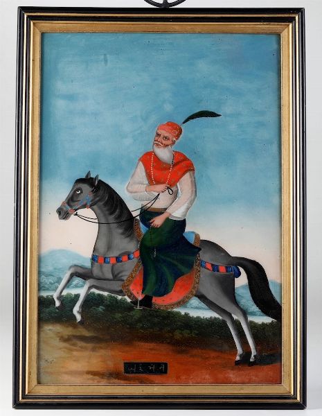 Coppia di dipinti su vetro raffiguranti personaggi a cavallo, India, XIX secolo  - Asta Arte orientale  - Associazione Nazionale - Case d'Asta italiane