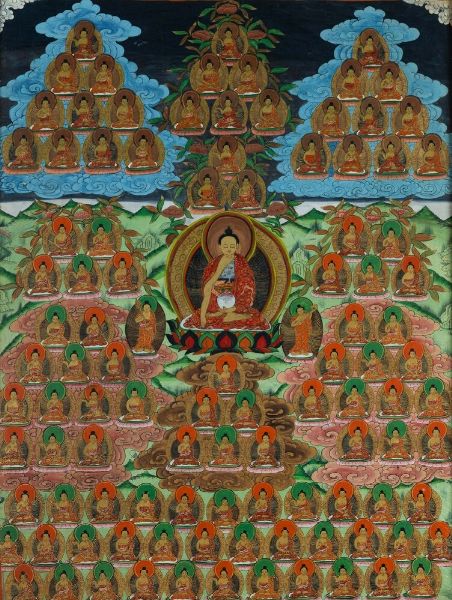 Thangka su seta con figura di Lama centrale e altre divinit, Tibet, XIX secolo  - Asta Arte orientale  - Associazione Nazionale - Case d'Asta italiane