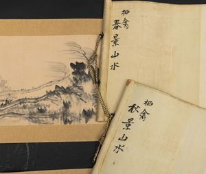 Coppia di scrolls su carta raffiguranti paesaggi e inscrizioni, Cina, Dinastia Qing, XIX secolo  - Asta Arte orientale  - Associazione Nazionale - Case d'Asta italiane