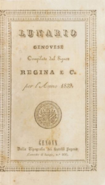 Genova - Autori vari Gazzetta di Genova, 1914-1917, quattro annate complete ben legate; Gervasoni, Elogio dei liguri illustri, Genova, S.N., S.A. (ca. 1880) I vol. solo;   Martino Piaggio, Chittarin zeneize, Genova, Sordomuti, 1881 Miscosi, Origini italiche, Genova, Marsano, 1834 Chiozza, Guida commerciale di Genova, Genova, D'Aste, 1874 Regina, Lunario genovese, Genova, Pagano, 1839  - Asta Libri Antichi - Associazione Nazionale - Case d'Asta italiane