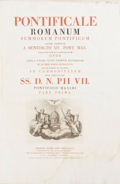 Legature in marocchino rosso, secolo XIX. Pontificale Romanum. P. P. Pio VII. Urbino, 18.  - Asta Libri Antichi - Associazione Nazionale - Case d'Asta italiane