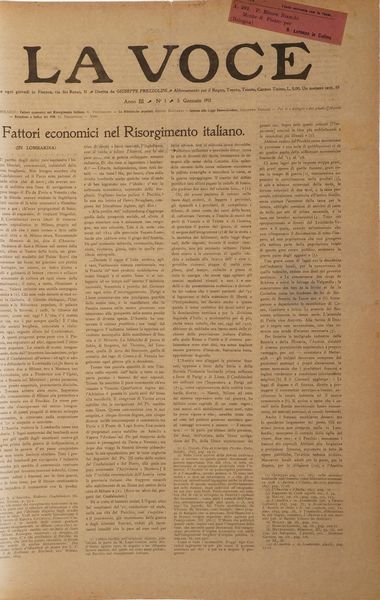 Giuseppe Prezzolini Raccolta rilegata in cinque volumi di alcune decine di numeri della celebre rivista letteraria e politica La Voce diretta e pubblicata da Giuseppe Prezzolini a Firenze tra il 1908 e il 1915  - Asta Libri Antichi - Associazione Nazionale - Case d'Asta italiane