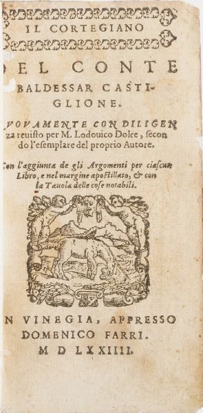 Baldassarre Castiglione Il cortegiano.. nuovamente rivisto da Lodovico Dolce... Venezia, Farri 1574  - Asta Libri Antichi - Associazione Nazionale - Case d'Asta italiane