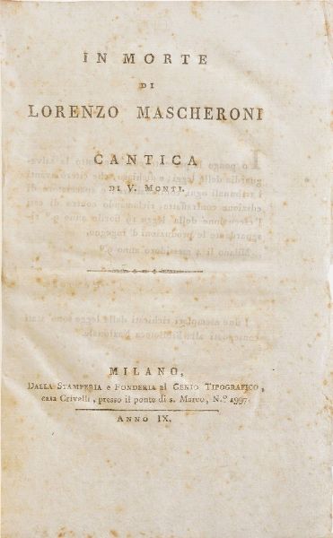 Monti Vincenzo In morte di Lorenzo Mascheroni, anno IX (1801)  - Asta Libri Antichi - Associazione Nazionale - Case d'Asta italiane