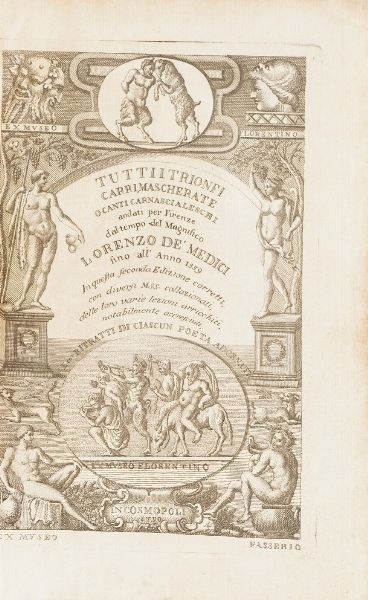 Grazzini Anton Francesco Tutti i trionfi carri, mascherate o canti carnascialeschi andati per Firenze dal tempo del magnifico Lorenzo De Medici fino all'anno 1559... In Cosmopoli (ma Lucca, Benedini), 1750.  - Asta Libri Antichi - Associazione Nazionale - Case d'Asta italiane