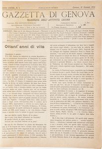 Genova - Autori vari Gazzetta di Genova, 1914-1917, quattro annate complete ben legate; Gervasoni, Elogio dei liguri illustri, Genova, S.N., S.A. (ca. 1880) I vol. solo;   Martino Piaggio, Chittarin zeneize, Genova, Sordomuti, 1881 Miscosi, Origini italiche, Genova, Marsano, 1834 Chiozza, Guida commerciale di Genova, Genova, D'Aste, 1874 Regina, Lunario genovese, Genova, Pagano, 1839  - Asta Libri Antichi - Associazione Nazionale - Case d'Asta italiane