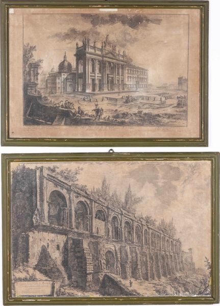 Piranesi Giovanni Battista Avanzi della villa di Mecenate a Tivoli... Veduta della basilica di San Giovanni in Laterano, Roma, seconda met sec. XVIII  - Asta Stampe, Vedute e Carte Geografiche - Associazione Nazionale - Case d'Asta italiane