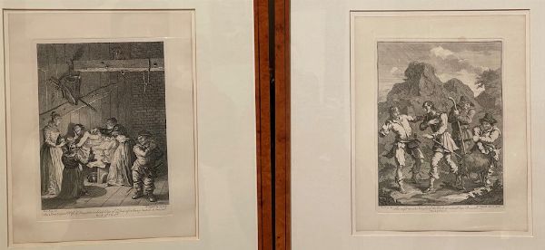 WILLIAM HOGARTH : William Hogarth La fiera di Southwark, 1733-1734, Don Chisciotte curato nella locanda, 1726 - Don Chisciotte e il cavaliere della rocca, 1726  - Asta Stampe, Vedute e Carte Geografiche - Associazione Nazionale - Case d'Asta italiane