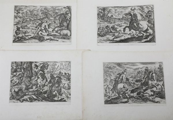 Tempesta Antonio. Scene di caccia. Frontespizio, Caccia al Bufalo, Caccia al cervo, Caccia al lupo e al cervo, Caccia cinghiale, Caccia al leone, Caccia all'orso, Caccia al cinghiale.  - Asta Stampe, Vedute e Carte Geografiche - Associazione Nazionale - Case d'Asta italiane