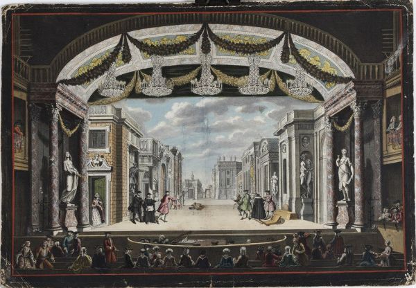 De Italiaansche Straat. Scenografia teatrale raffigurante strada italiana, Olanda secolo XVIII.  - Asta Stampe, Vedute e Carte Geografiche - Associazione Nazionale - Case d'Asta italiane