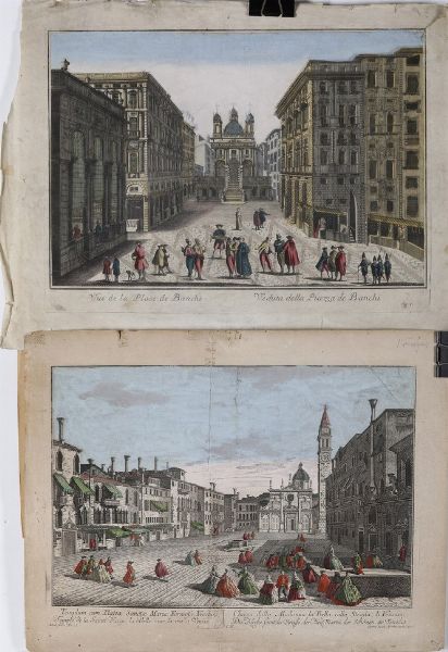 Venezia e Genova. Due vedute ottiche: Chiesa di Santa Maria Formosa e veduta della Piazza dei Banchi a Genova.  - Asta Stampe, Vedute e Carte Geografiche - Associazione Nazionale - Case d'Asta italiane