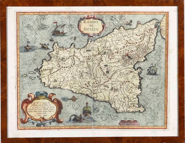 Giovanni Antonio Magini Regno di Sicilia...(1608), BolognaCarta geografica tratta dal LItalia a cura di Fabio Magini. Si aggiungono al lotto: Veduta di Trapani; carrta geografica dellisola di Sicilia  - Asta Stampe, Vedute e Carte Geografiche - Associazione Nazionale - Case d'Asta italiane