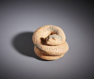 Bambara - Mali - Piccola scultura zoomorfa a forma di serpente acciambellato in terracotta