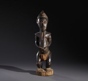 Baule - Costa d'Avorio - Nello stile di Scultura antropomorfa maschile in  legno a patina scura e  tessuto
