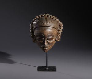 Chokwe - Repubblica Democratica del Congo - Nello stile di Maschera antropomorfa  in legno a patina chiara con struttura copricapo in legno, fibre e semi
