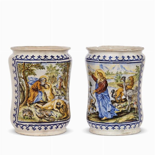 COPPIA DI GRANDI CILINDRI, NAPOLI, FINE SECOLO XIX  - Asta UNA COLLEZIONE DI VASI DA FARMACIA IN MAIOLICA - Associazione Nazionale - Case d'Asta italiane