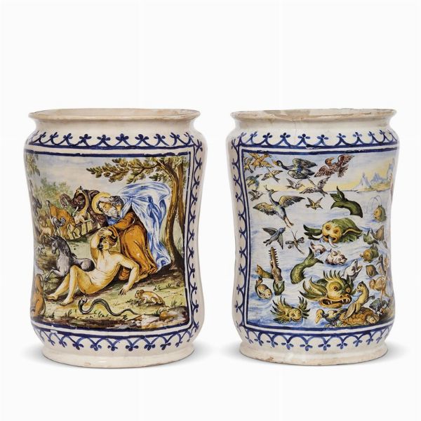 COPPIA DI GRANDI CILINDRI, NAPOLI, FINE SECOLO XIX  - Asta UNA COLLEZIONE DI VASI DA FARMACIA IN MAIOLICA - Associazione Nazionale - Case d'Asta italiane