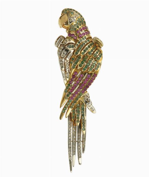 Spilla pappagallo con smeraldi, diamanti e rubini  - Asta Vintage Jewellery - Associazione Nazionale - Case d'Asta italiane