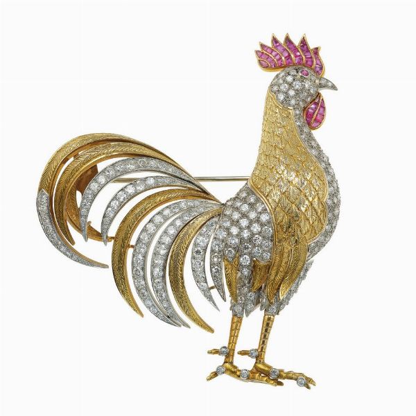 Spilla gallo con diamanti e rubini  - Asta Vintage Jewellery - Associazione Nazionale - Case d'Asta italiane