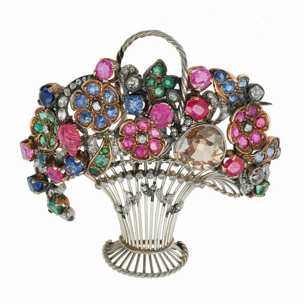 Spilla cestino di fiori con diamanti, rubini, smeraldi e zaffiri  - Asta Vintage Jewellery - Associazione Nazionale - Case d'Asta italiane