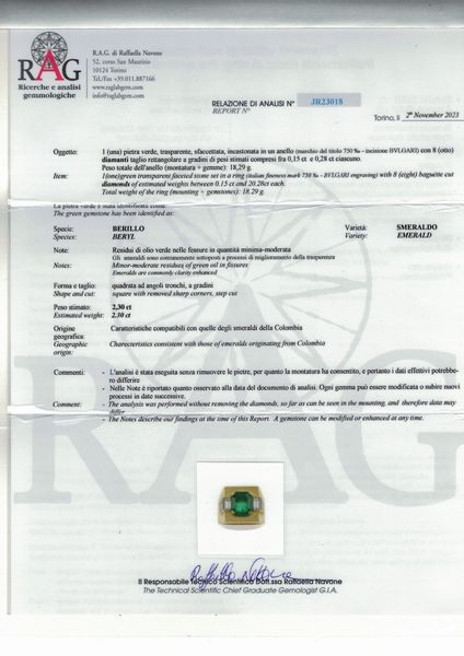 Bulgari. Anello con smeraldo Colombia di ct 2.30 e diamanti  - Asta Vintage Jewellery - Associazione Nazionale - Case d'Asta italiane