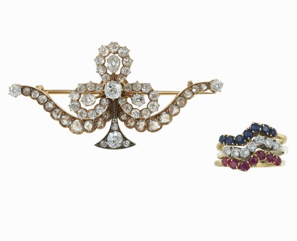 Spilla e anelli con diamanti di vecchio taglio, rubini e zaffiri  - Asta Vintage Jewellery - Associazione Nazionale - Case d'Asta italiane