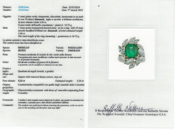 Anello con smeraldo Colombia di ct 4.98 circa, residui di olio verde in quantit moderate, e diamanti taglio navette  - Asta Vintage Jewellery - Associazione Nazionale - Case d'Asta italiane