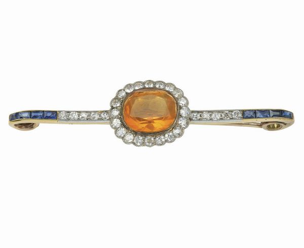 Spilla con opale di fuoco, diamanti e zaffiri  - Asta Vintage Jewellery - Associazione Nazionale - Case d'Asta italiane