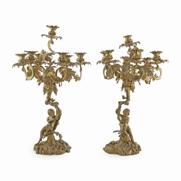 Coppia di candelabri a sette luci in bronzo dorato  - Asta Arredi, Sculture, Dipinti Antichi e del XIX Secolo - Associazione Nazionale - Case d'Asta italiane