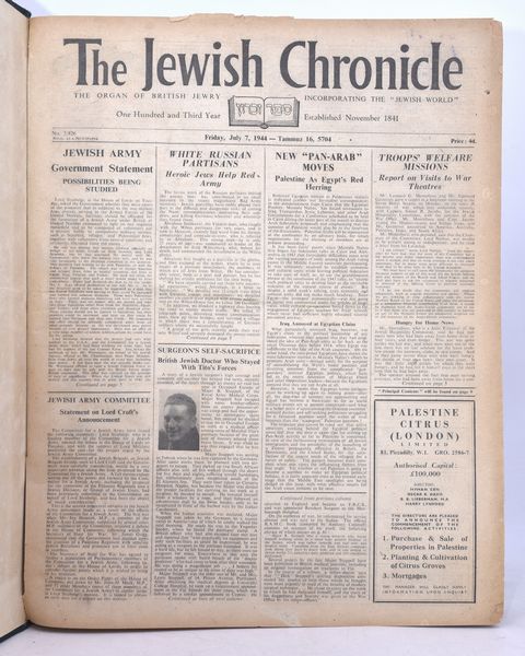 THE JEWISH CHRONICLE  JULY – DEC 1944 The organ of British  Jewry Incorporating The “Jewish World”   Established November 1841  - Asta Libri antichi, rarit bibliografiche e prime edizioni del '900 - Associazione Nazionale - Case d'Asta italiane