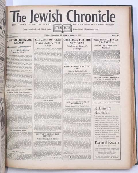 THE JEWISH CHRONICLE  JULY – DEC 1944 The organ of British  Jewry Incorporating The “Jewish World”   Established November 1841  - Asta Libri antichi, rarit bibliografiche e prime edizioni del '900 - Associazione Nazionale - Case d'Asta italiane