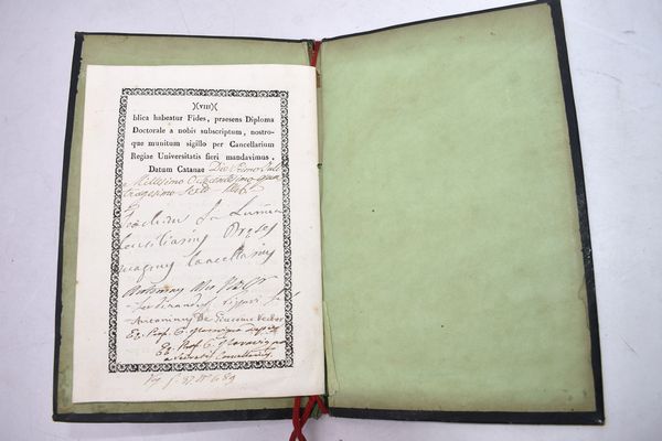 LAUREA GIURISPRUDENZA  REGNO DUE SICILIE. CATANIA  1846 Antica Laurea in Giurisprudenza dell'Università di Catania.  - Asta Libri antichi, rarit bibliografiche e prime edizioni del '900 - Associazione Nazionale - Case d'Asta italiane