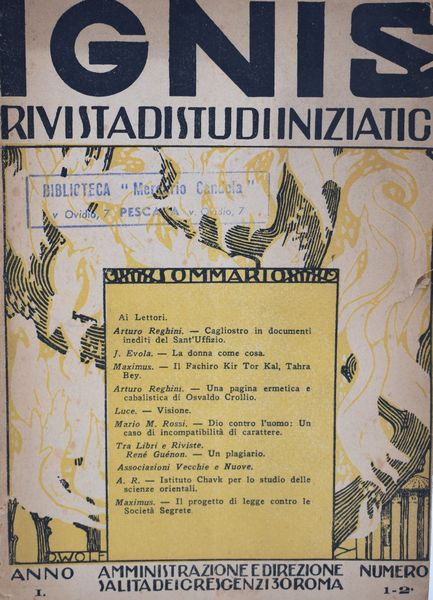 IGNIS. RIVISTA DI STUDI INIZIATICI, ANNO I N. 1-2. 1925.  - Asta Libri antichi, rarit bibliografiche e prime edizioni del '900 - Associazione Nazionale - Case d'Asta italiane